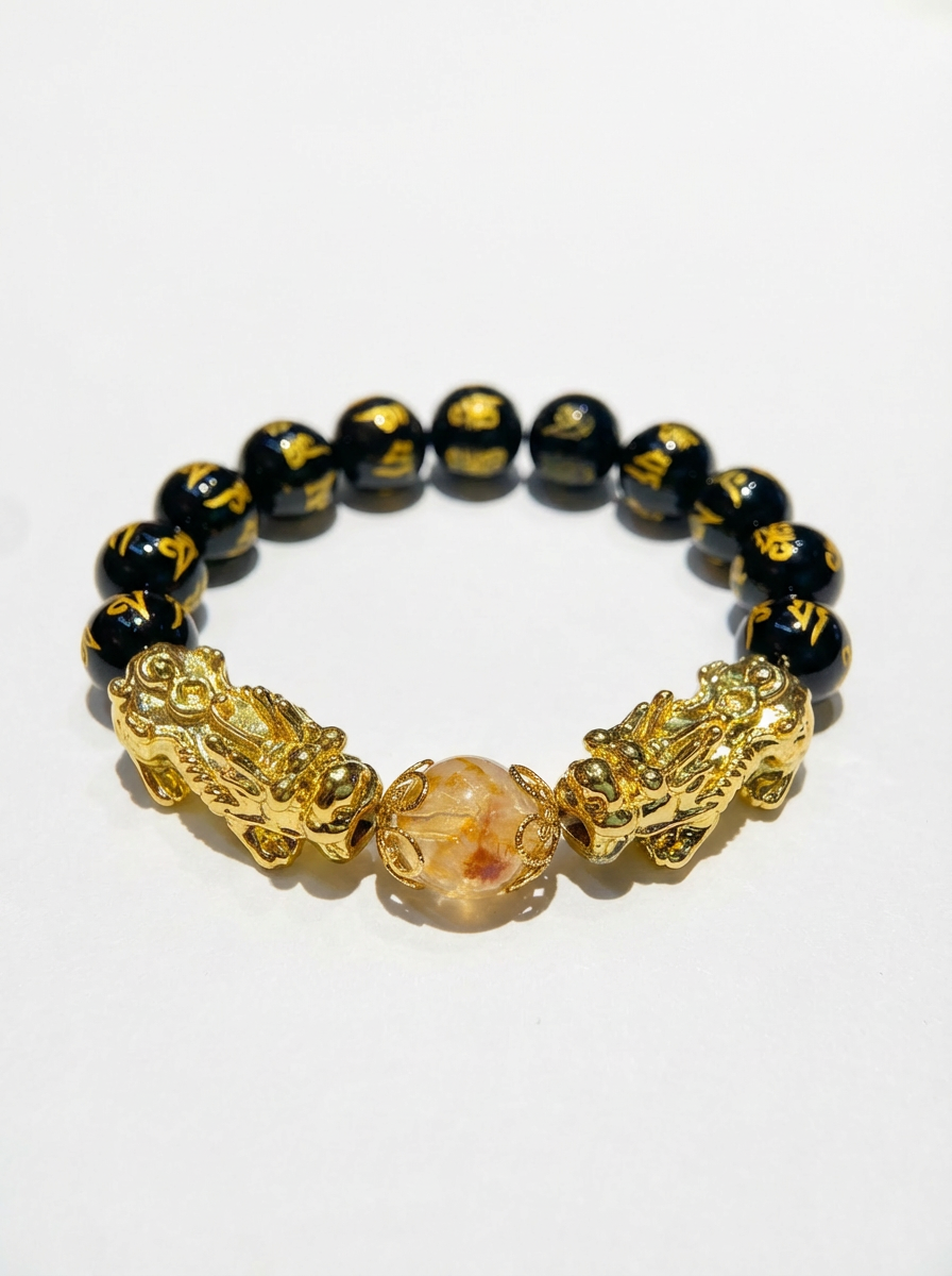 Double Pixiu Black Obsidian Bracelet with Citrine (Huang Ta Crystal) | Wealth & Protection Symbol