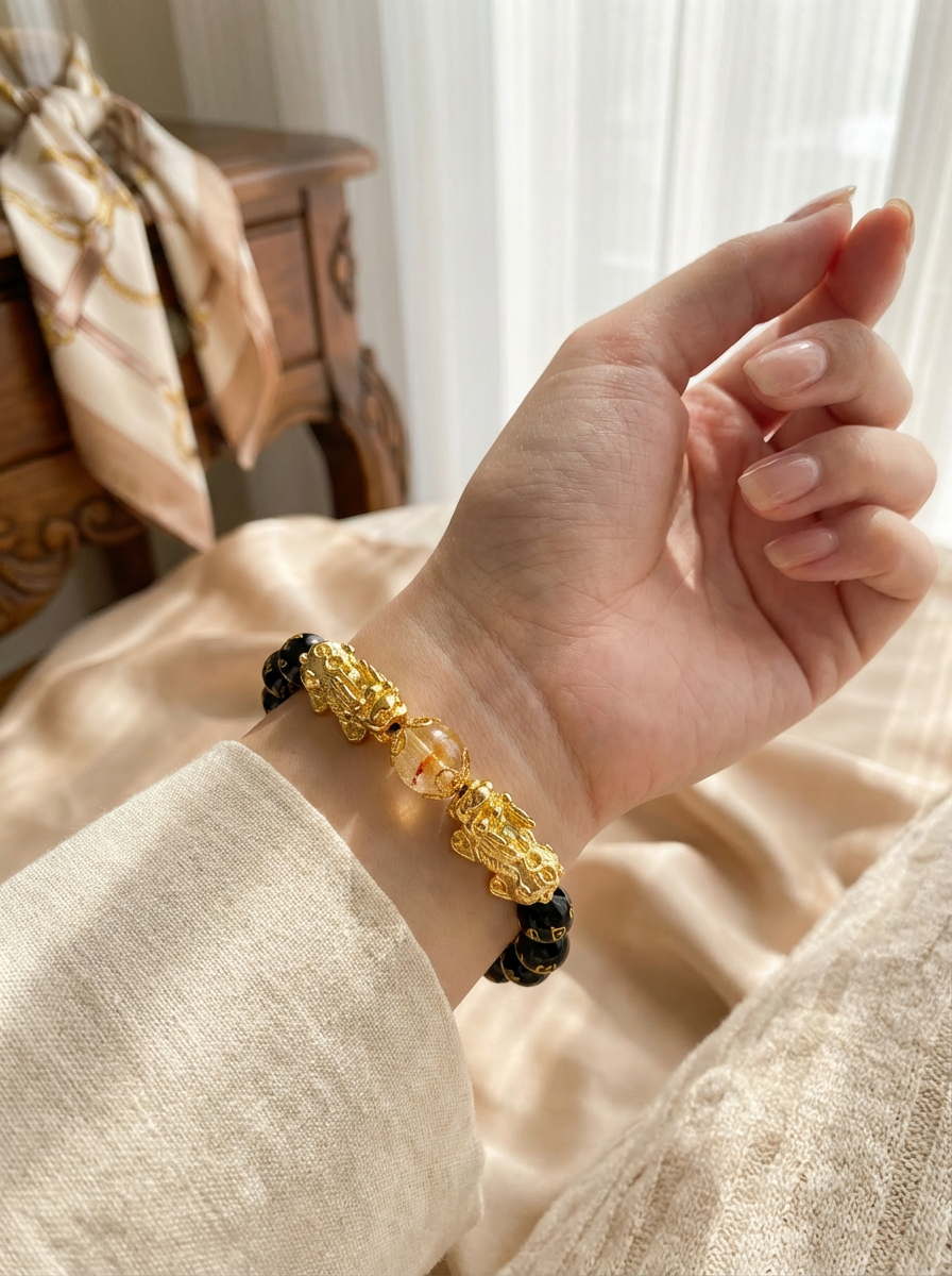 Double Pixiu Black Obsidian Bracelet with Citrine (Huang Ta Crystal) | Wealth & Protection Symbol