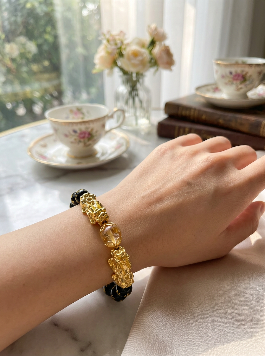 Double Pixiu Black Obsidian Bracelet with Citrine (Huang Ta Crystal) | Wealth & Protection Symbol