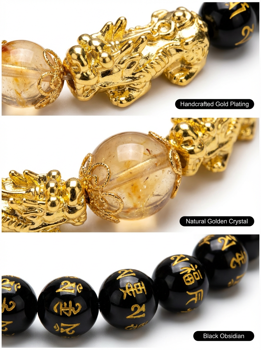 Double Pixiu Black Obsidian Bracelet with Citrine (Huang Ta Crystal) | Wealth & Protection Symbol