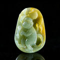 Natural Jadeite Pendant (Yellow–Green Gradient) | Monkey Zodiac (Fruit & Leaves Motif)  Symbol of Cleverness & Opportunity | Hand-Carved Relief | Bright, Playful, and Refined