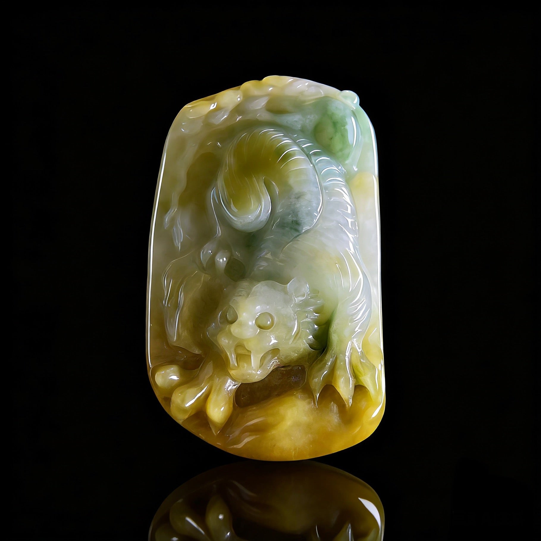 Natural Jadeite Pendant (Yellow–Green Gradient) | Tiger Zodiac  Symbol of Courage & Presence | High-Relief Hand Carving | Bold Yet Refined